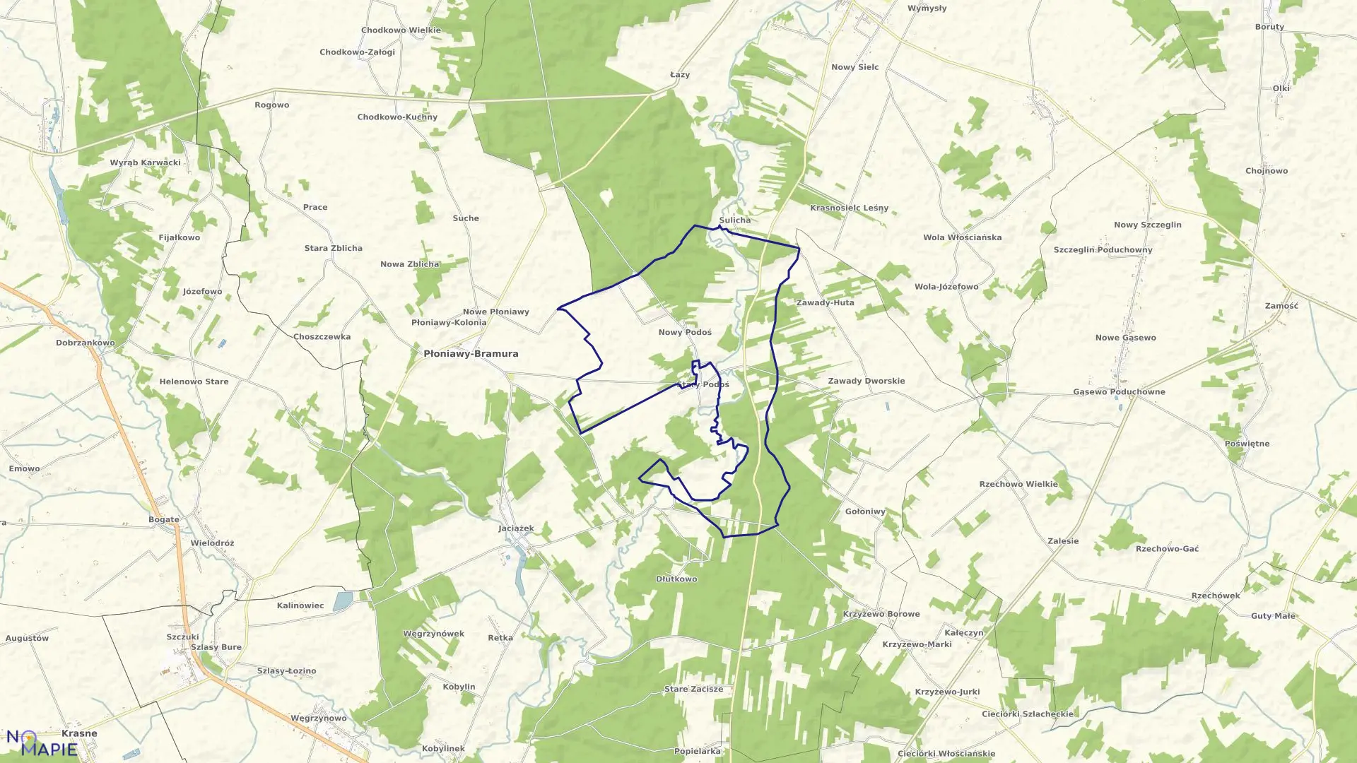 Mapa obrębu NOWY PODOŚ w gminie Płoniawy-Bramura