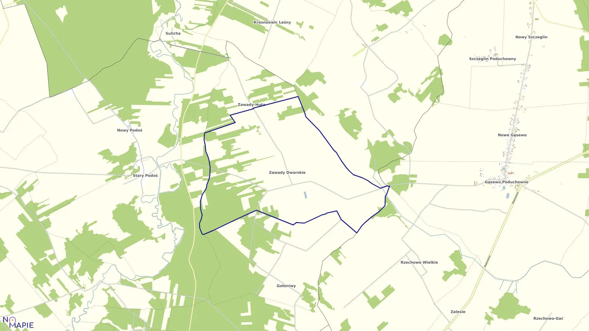 Mapa obrębu ZAWADY DWORSKIE w gminie Płoniawy-Bramura