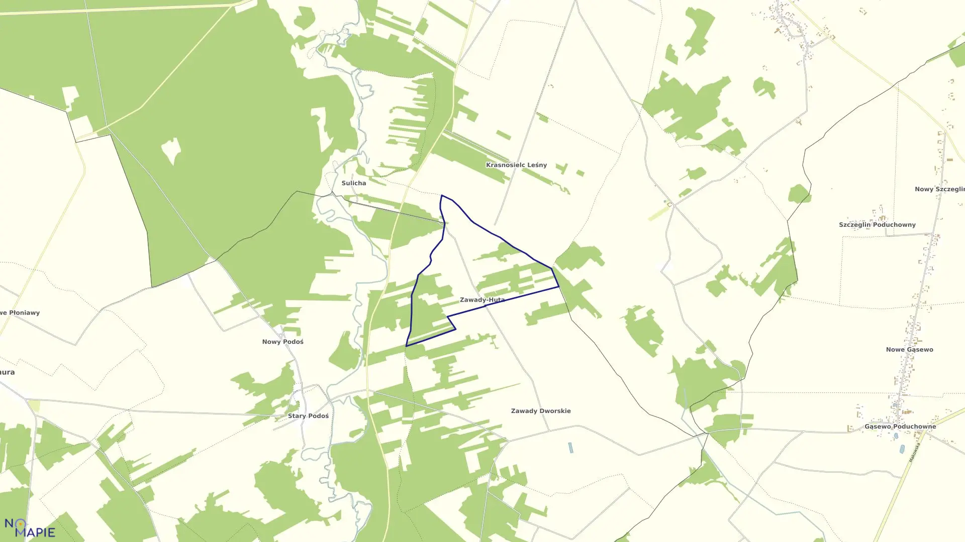 Mapa obrębu ZAWADY-HUTA w gminie Płoniawy-Bramura